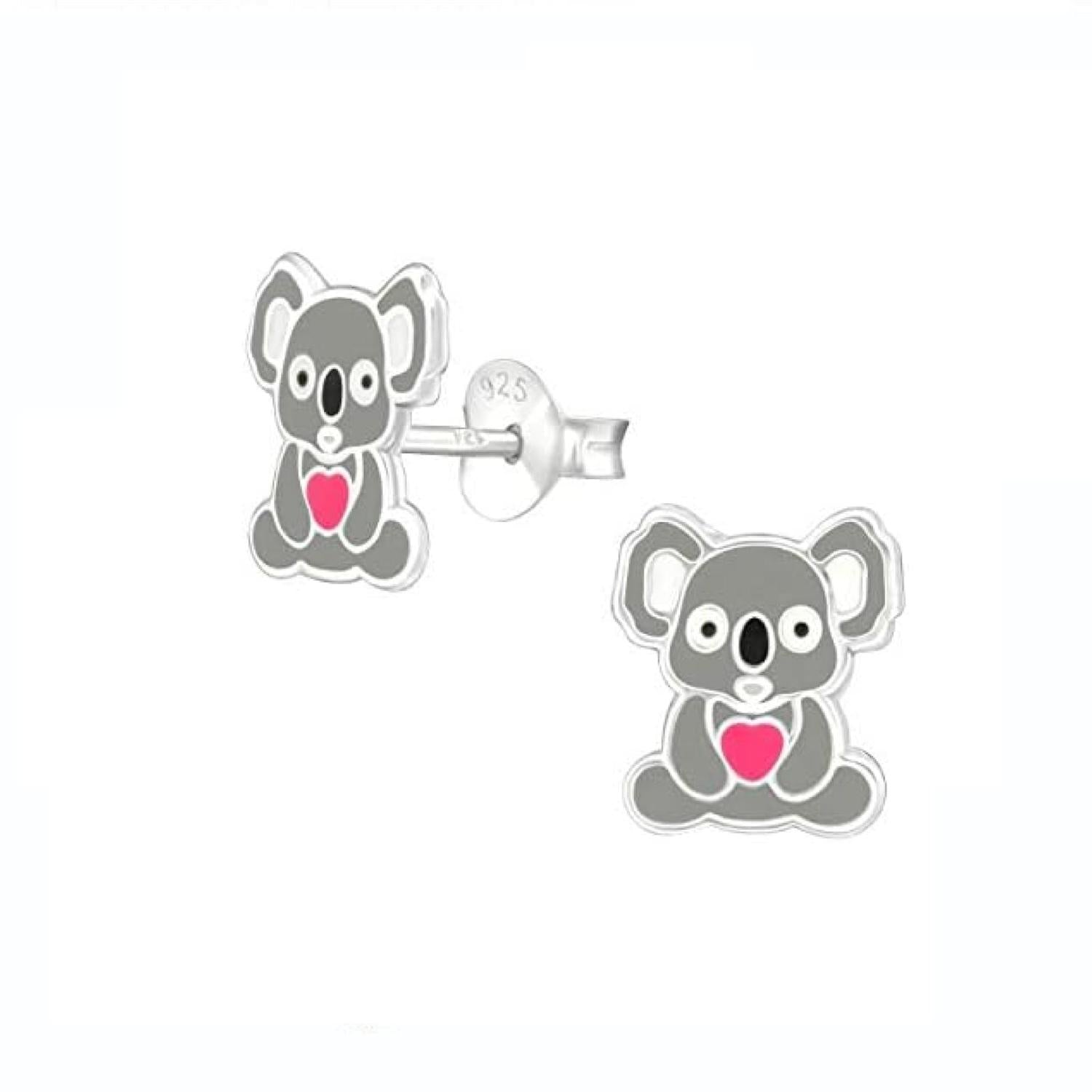sterling silver kids koala bear stud earrings with grey enamel and pink heart detail for children