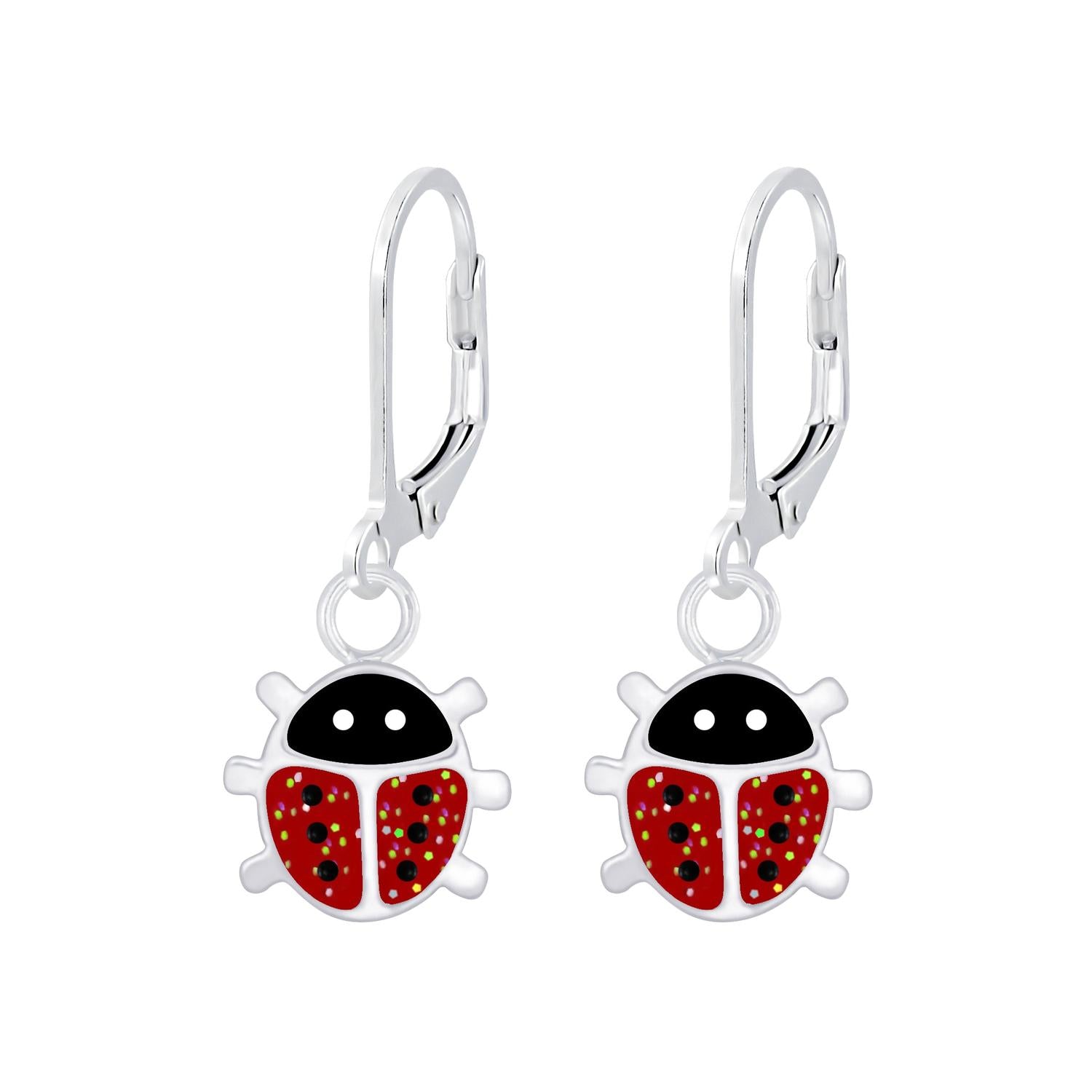 Melchior Jewellery kids sparkly ladybird leverback earrings with red and black enamel design
