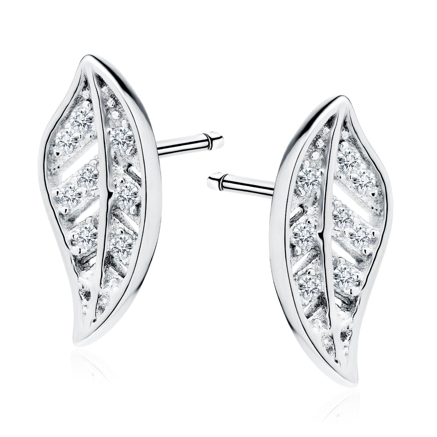 Sterling Silver Leaf Stud Earrings by Melchior Jewellery with sparkling crystal detailing