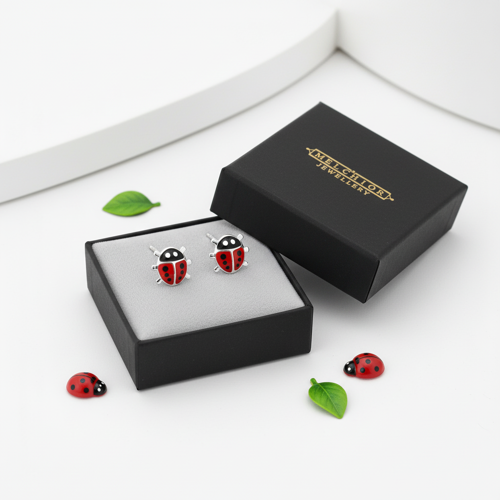 Children's Sterling Silver Red Ladybird Stud Earrings - Melchior Jewellery 