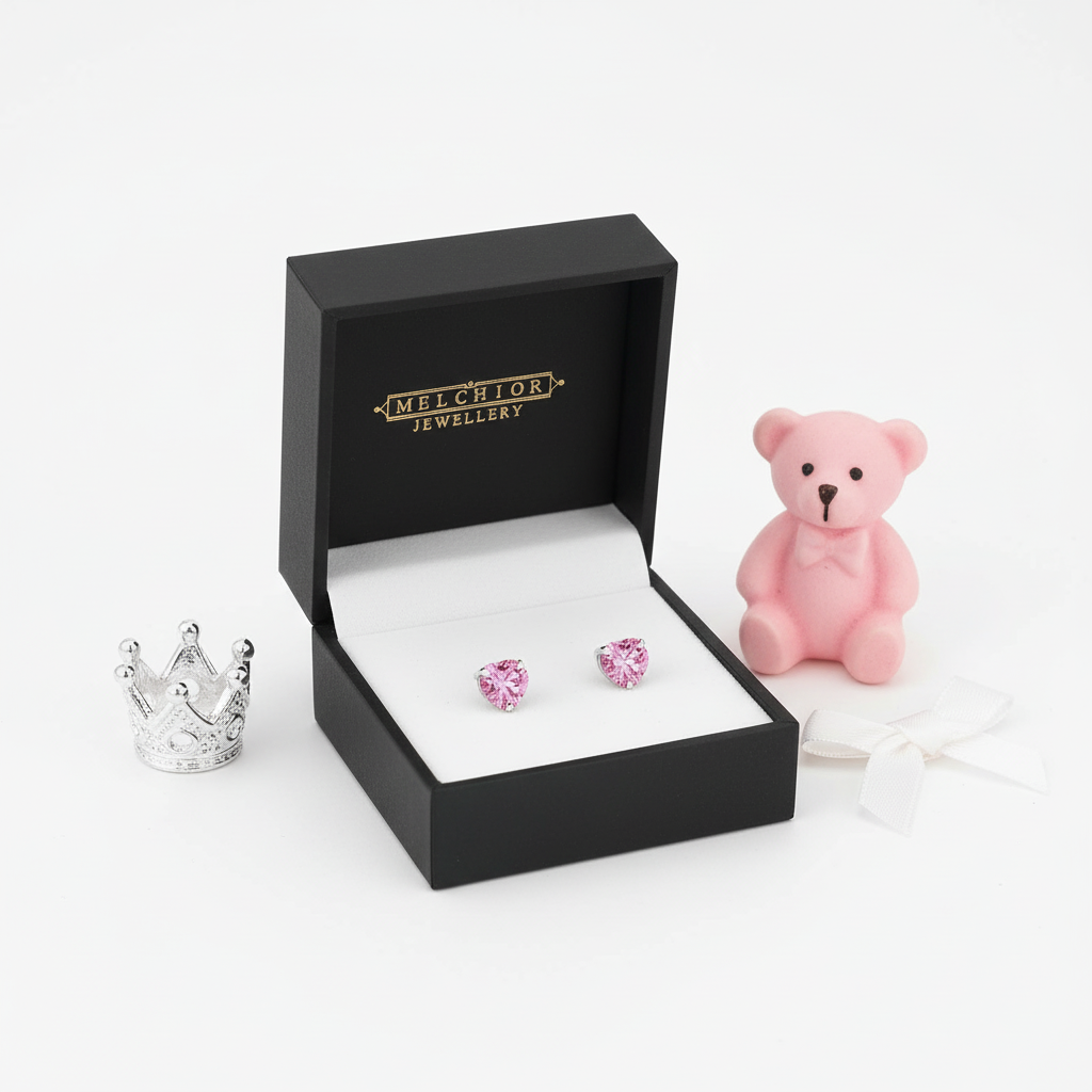 Sterling Silver Screw Back Earrings for Kids Pink Heart - Melchior Jewellery 