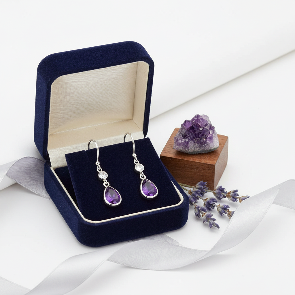 Sterling Silver CZ Amethyst Drop Earrings for Women - Melchior Jewellery 