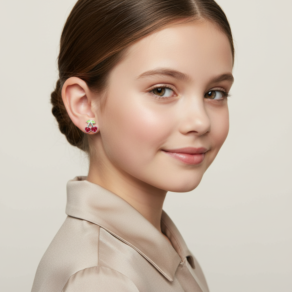 Sterling Silver Earrings for Girls Crystal Cherry Design - Melchior Jewellery 