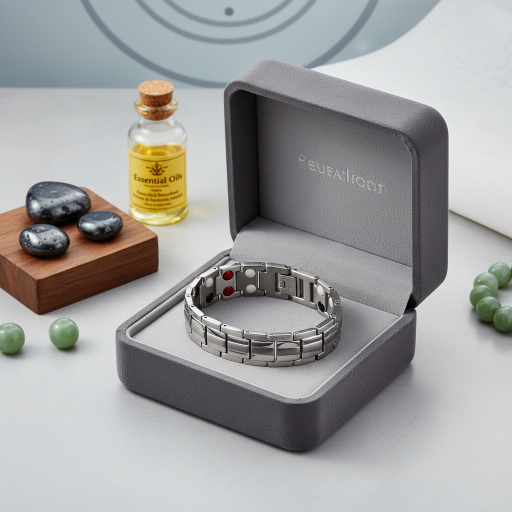 Silver titanium magnetic bracelet by Melchior Jewellery displayed in grey gift box with essential oils and stones
