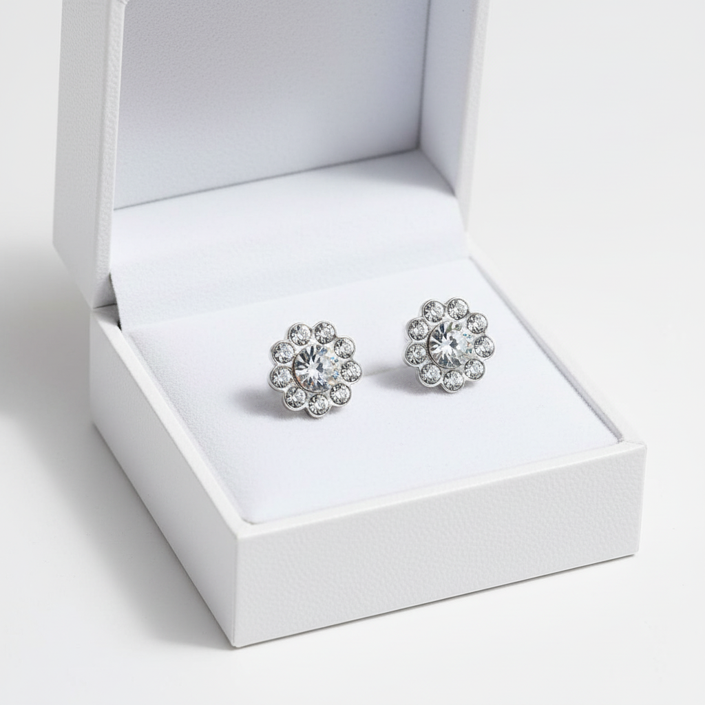 Melchior Jewellery womans sterling silver crystal flower stud earrings in white gift box