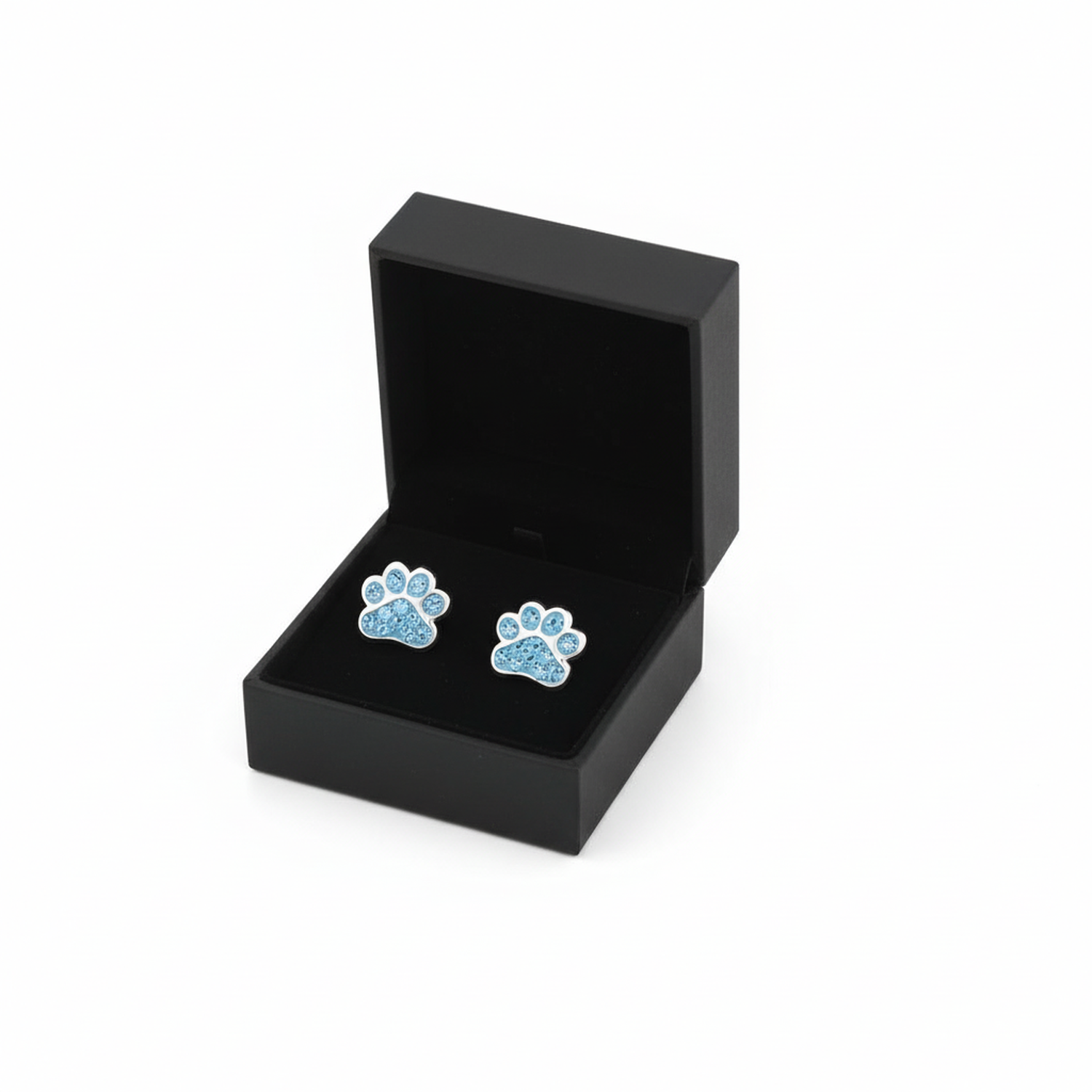 Paw Print Earrings in a black gift box, featuring blue accents and a shiny finish.