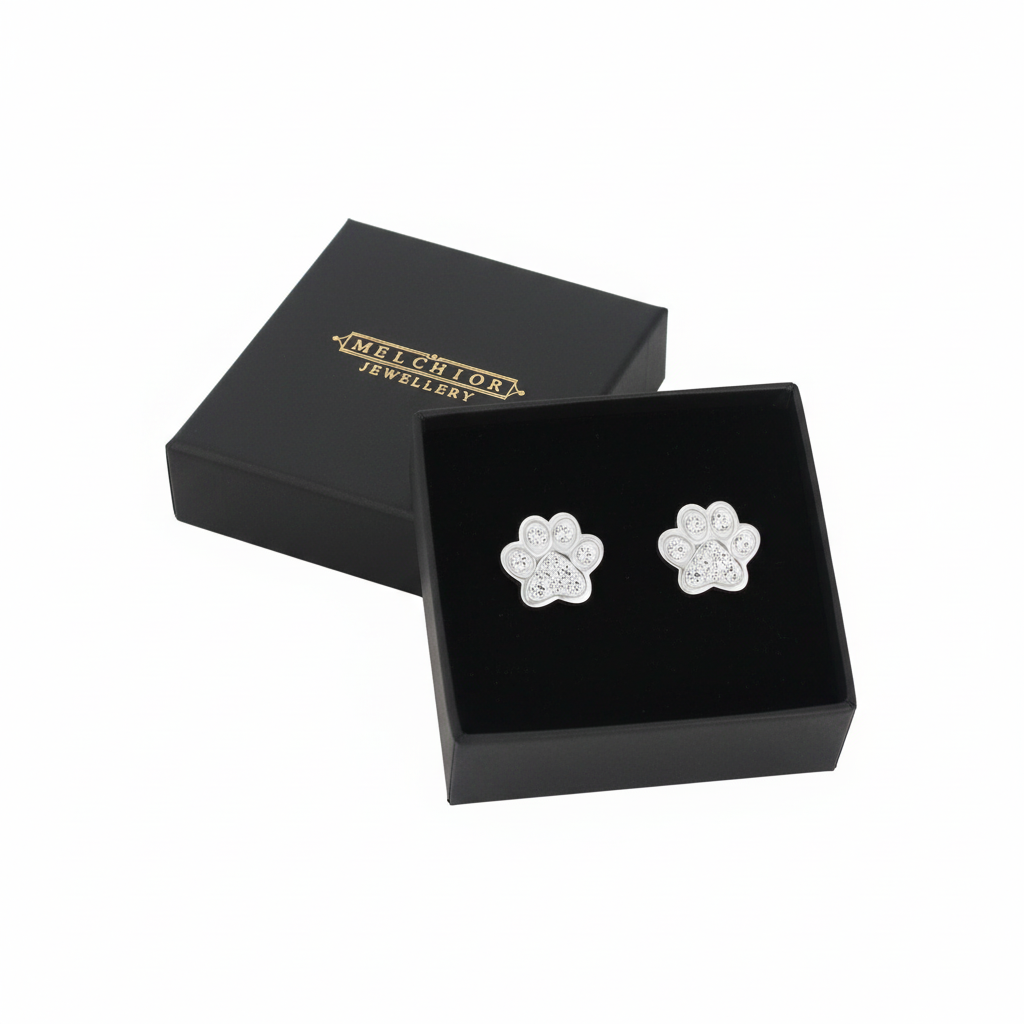 Melchior Kids Sterling Silver Paw Screw Back Earrings with Crystals - Melchior Jewellery 