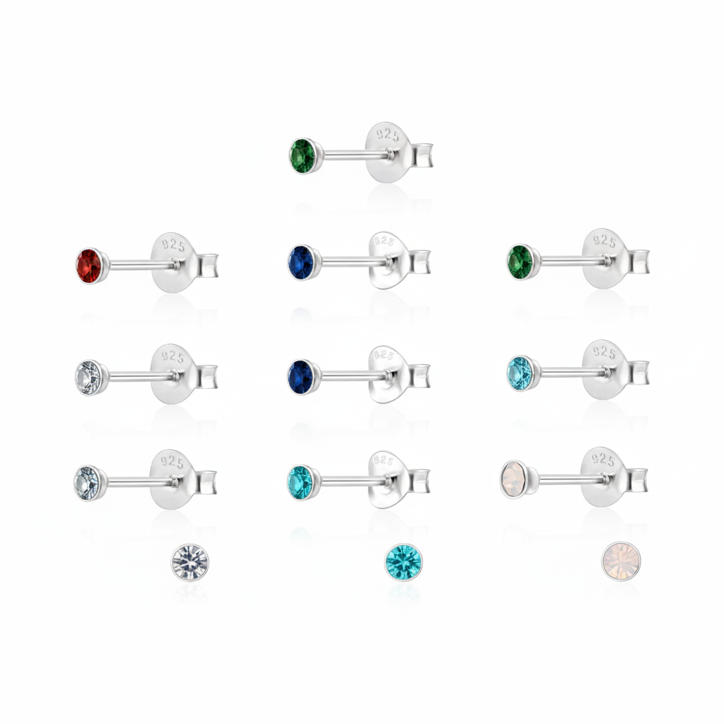 Sterling Silver 2mm Tiny Round Stud Earrings - Choose Your Colour - Melchior Jewellery 