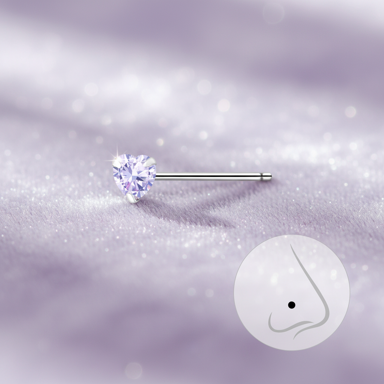 Sterling Silver Straight Nose Stud 3mm CZ Heart - Choose your colour - Melchior Jewellery 