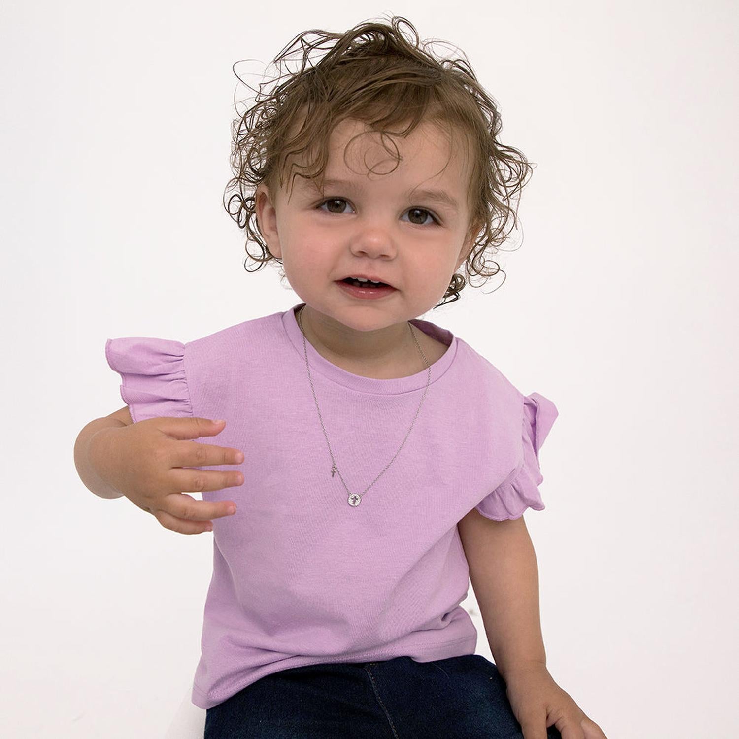 Melchior Jewellery silver Girls Necklace worn by toddler in lilac top and dark jeans