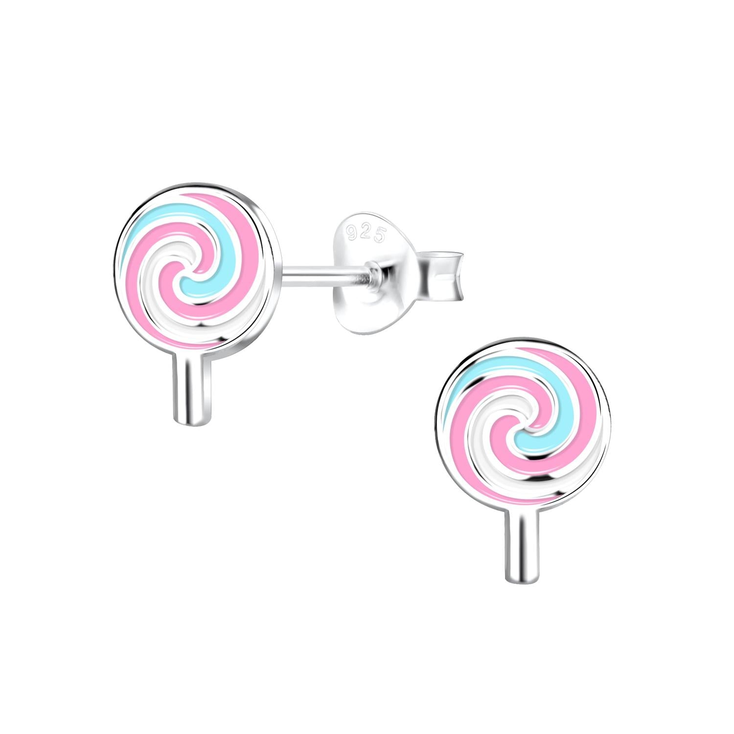 Sterling silver Children's Silver Lollipop Stud Earrings with pink and blue swirl design by Melchior Jewellery