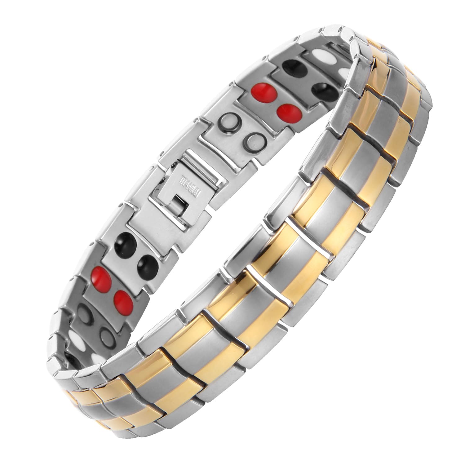 Melchior Jewellery mens silver and gold titanium magnetic bracelet two tone links with visible magnetic therapy inserts