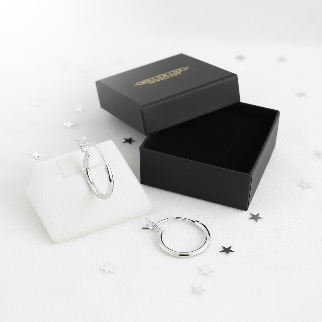Melchior Jewellery 12mm French lock hoop earrings for children displayed with black gift box and white stand
