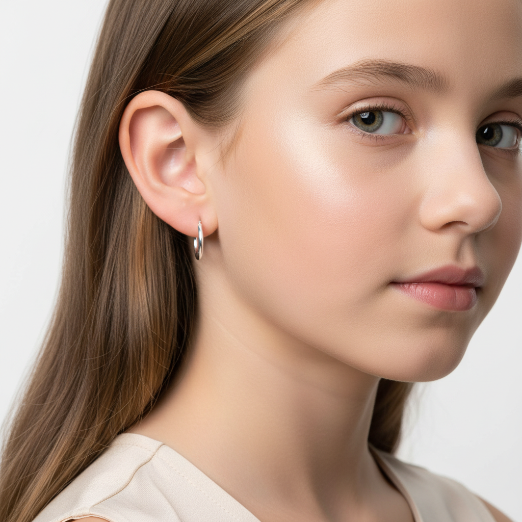 Child wearing 12mm French lock hoop earrings by Melchior Jewellery with a delicate silver finish