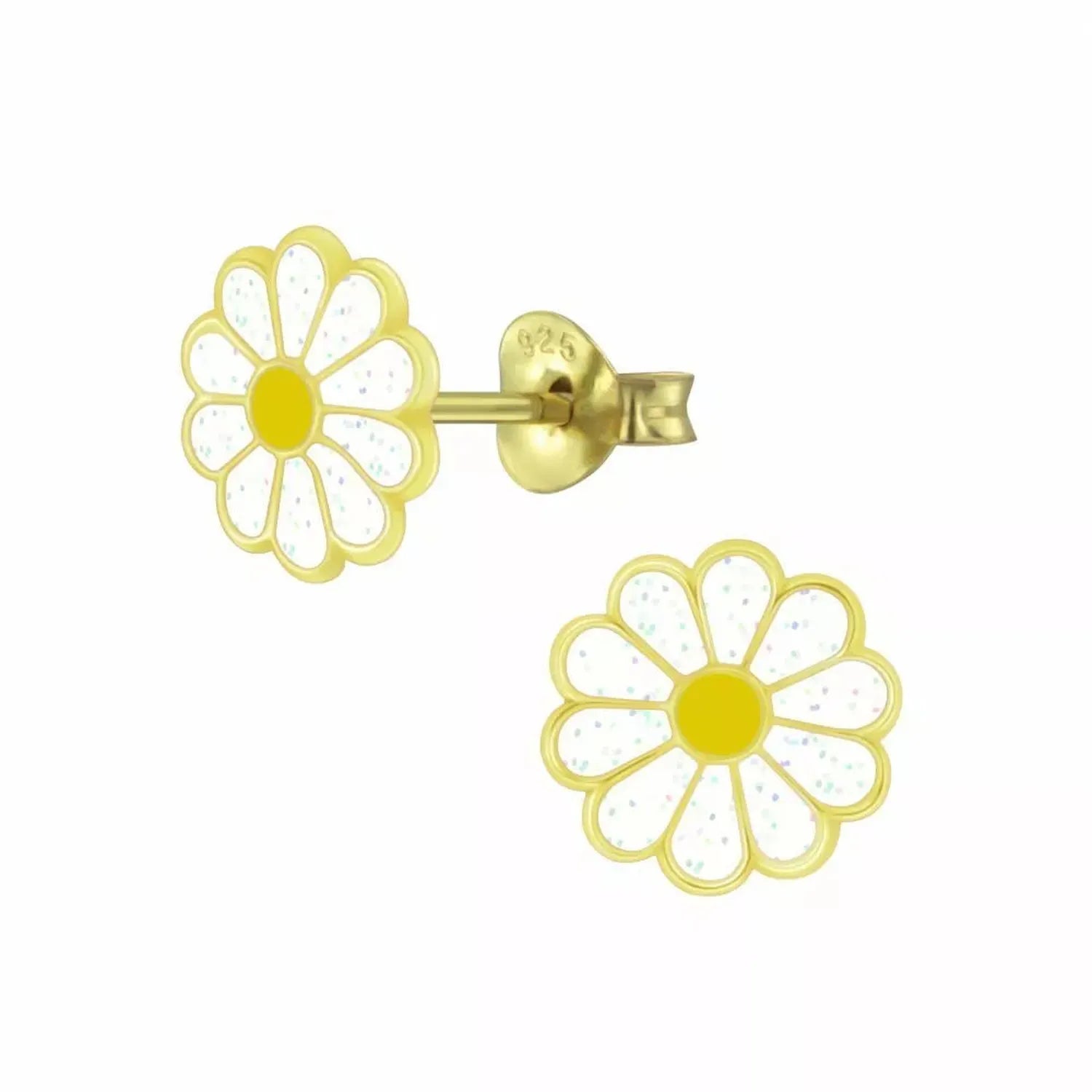 14ct gold plated daisy earrings for girls by Melchior Jewellery with white petals and yellow centres