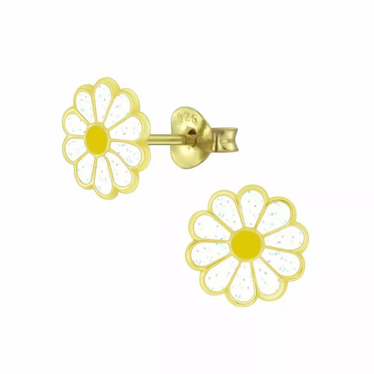 14ct gold plated daisy earrings for girls by Melchior Jewellery with white petals and yellow centres