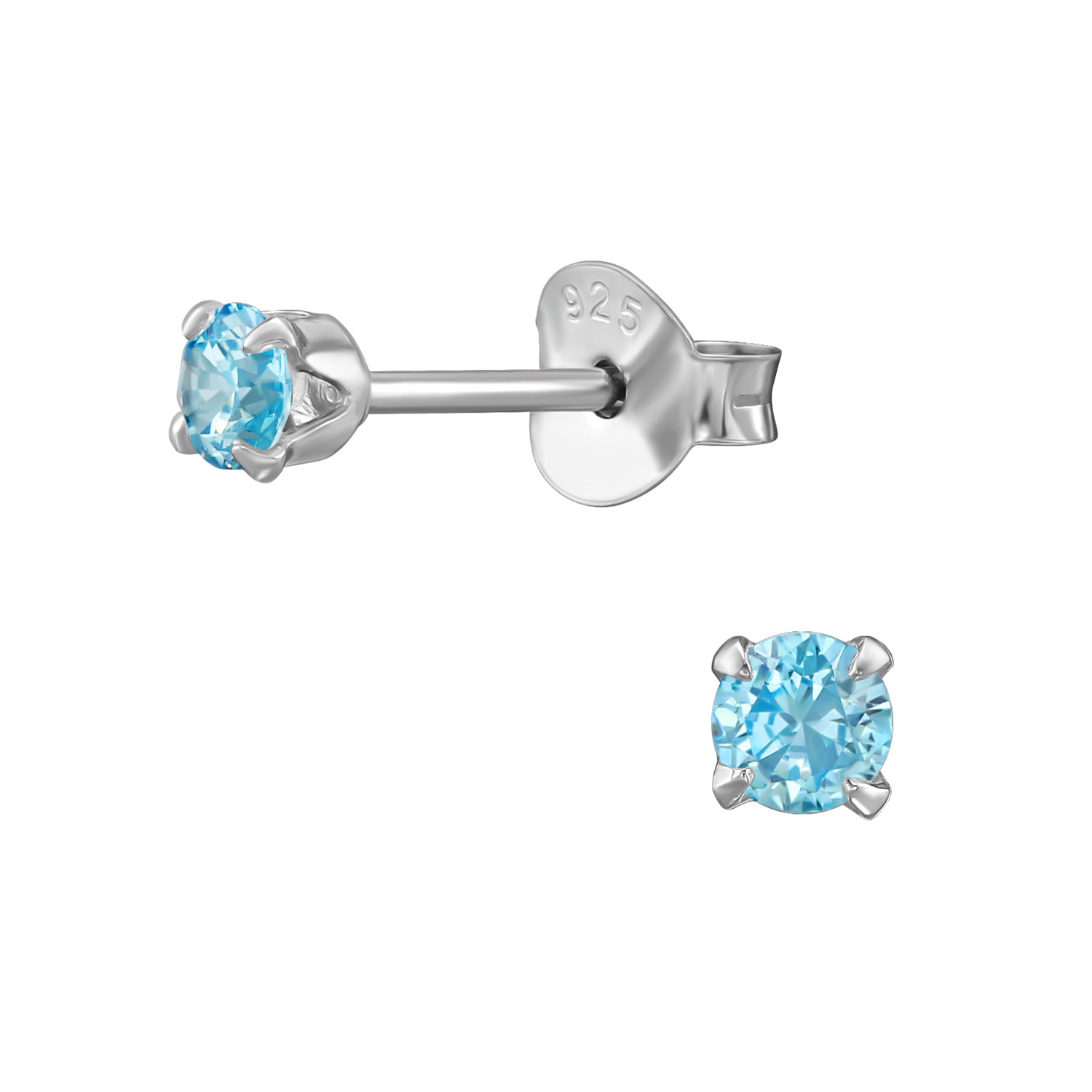 Melchior Jewellery 3mm round aquamarine CZ earrings with bright blue stones set in sterling silver studs