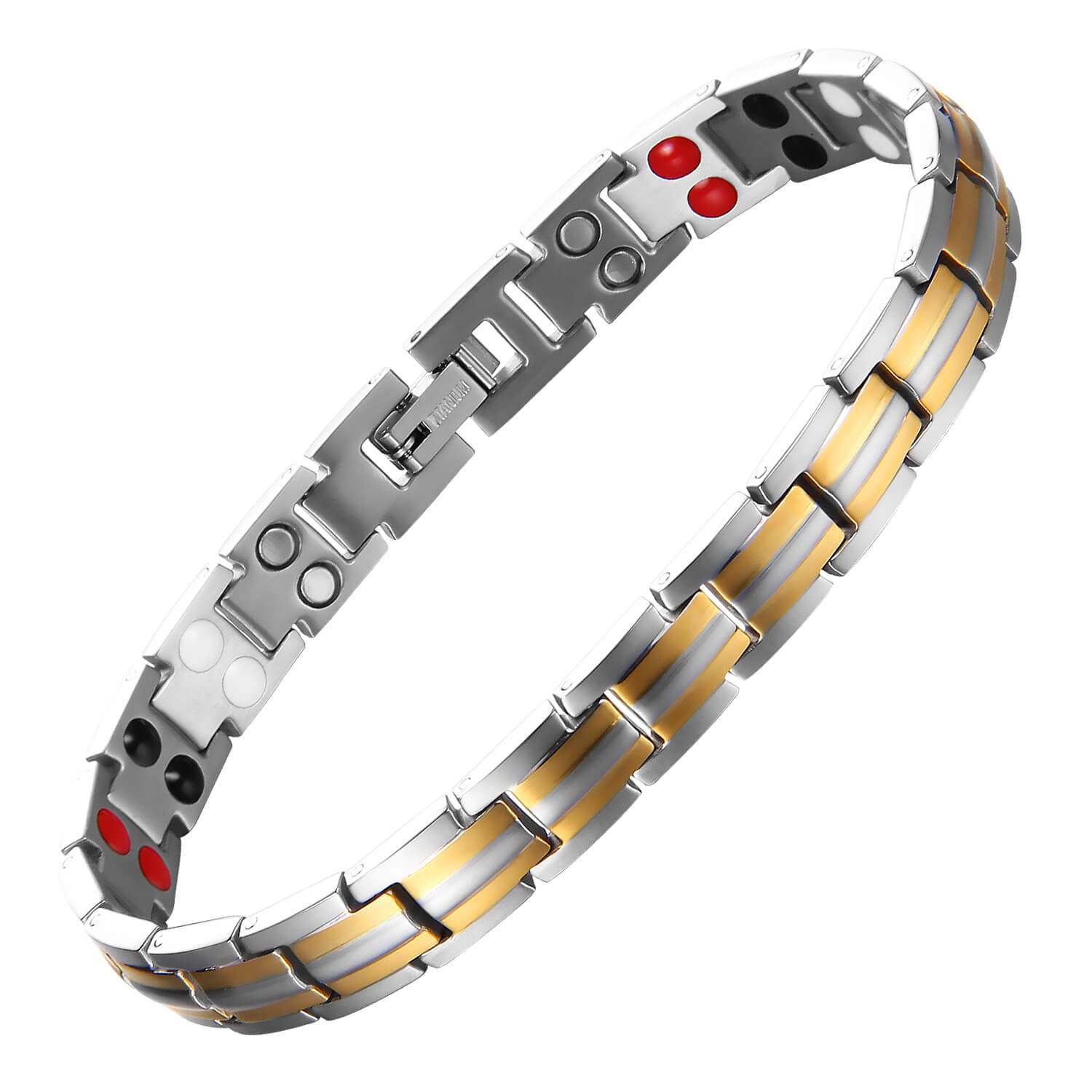 Melchior Jewellery two tone stainless steel link 4-in-1 magnetic therapy bracelet for women with visible therapy inserts