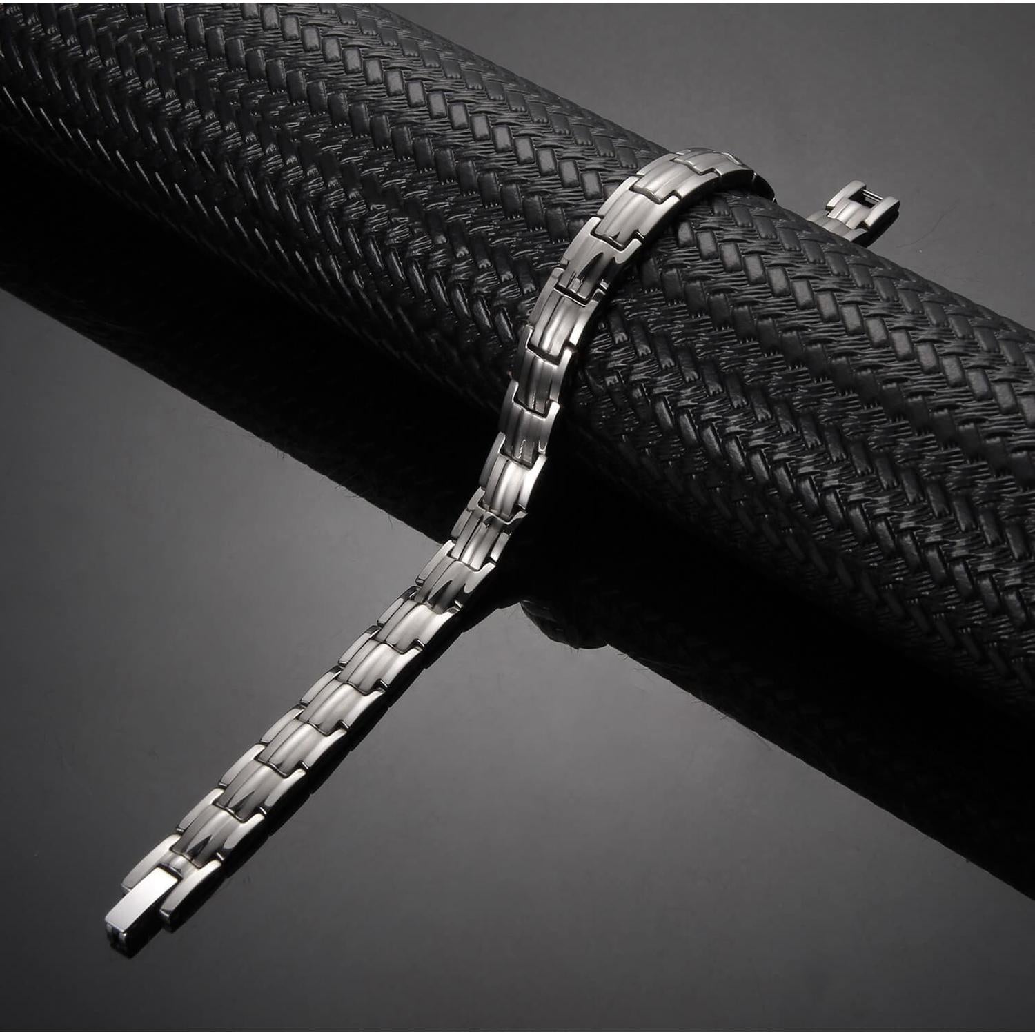 Melchior Jewellery stainless steel link 4in1 magnetic therapy bracelet for women on black textured display