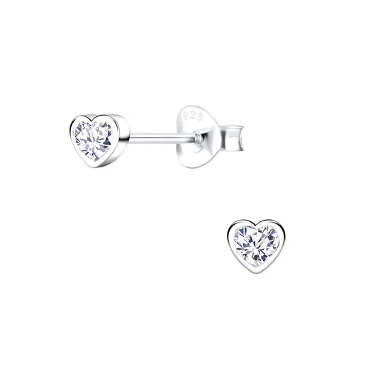 Melchior Jewellery 4mm heart earrings for girls in sterling silver with sparkling stones