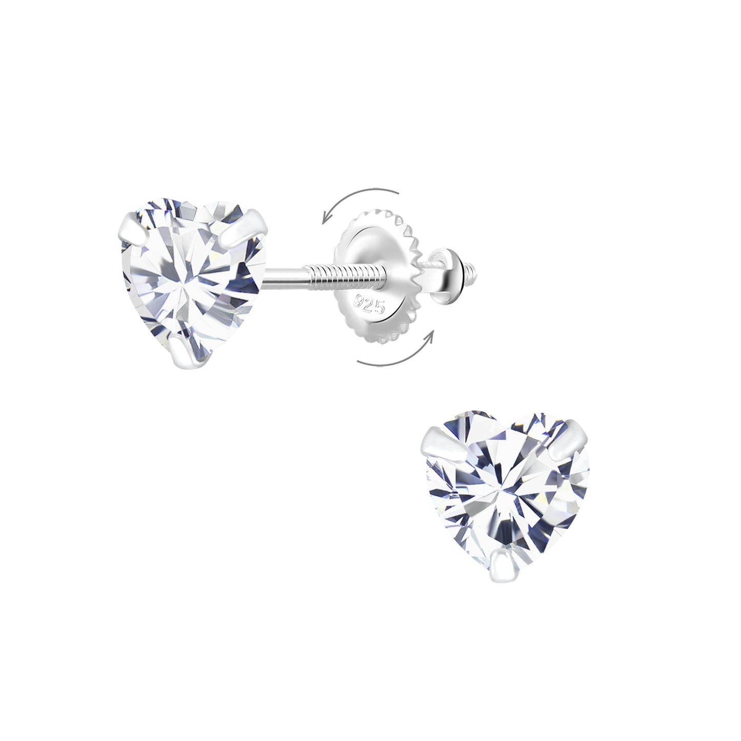 Melchior Jewellery 6mm CZ screw back earrings for girls in heart shape with secure fastening