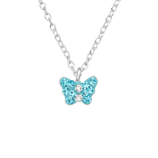 925 silver aqua butterfly pendant for kids featuring blue crystals on a delicate silver chain