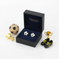 925 silver football stud earrings for kids by Melchior Jewellery in a black box with football and trophy props