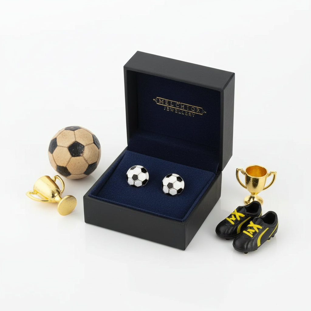 925 silver football stud earrings for kids by Melchior Jewellery in a black box with football and trophy props