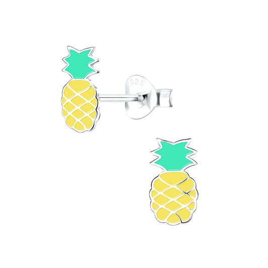 925 silver pineapple stud earrings for kids by Melchior Jewellery with yellow and green enamel design