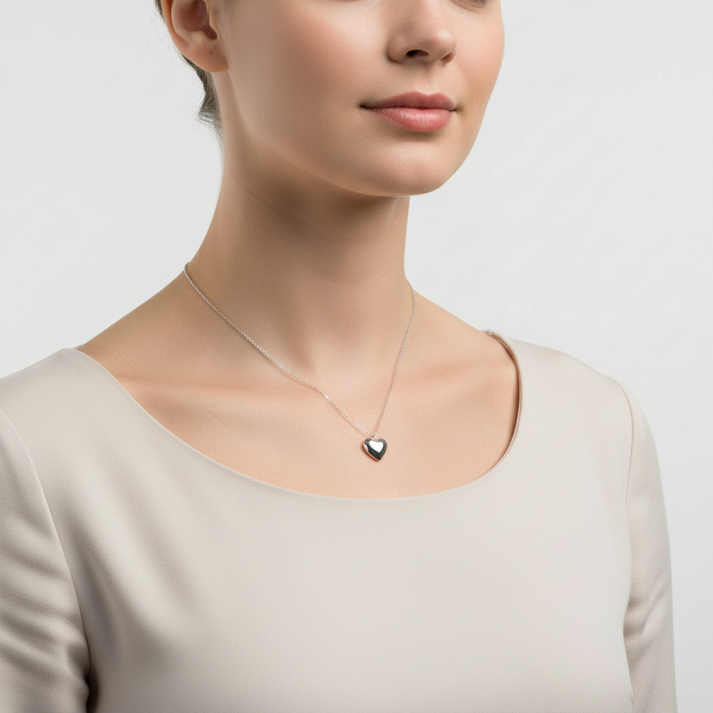 925 silver plain heart pendant necklace worn by woman in beige top from Melchior Jewellery