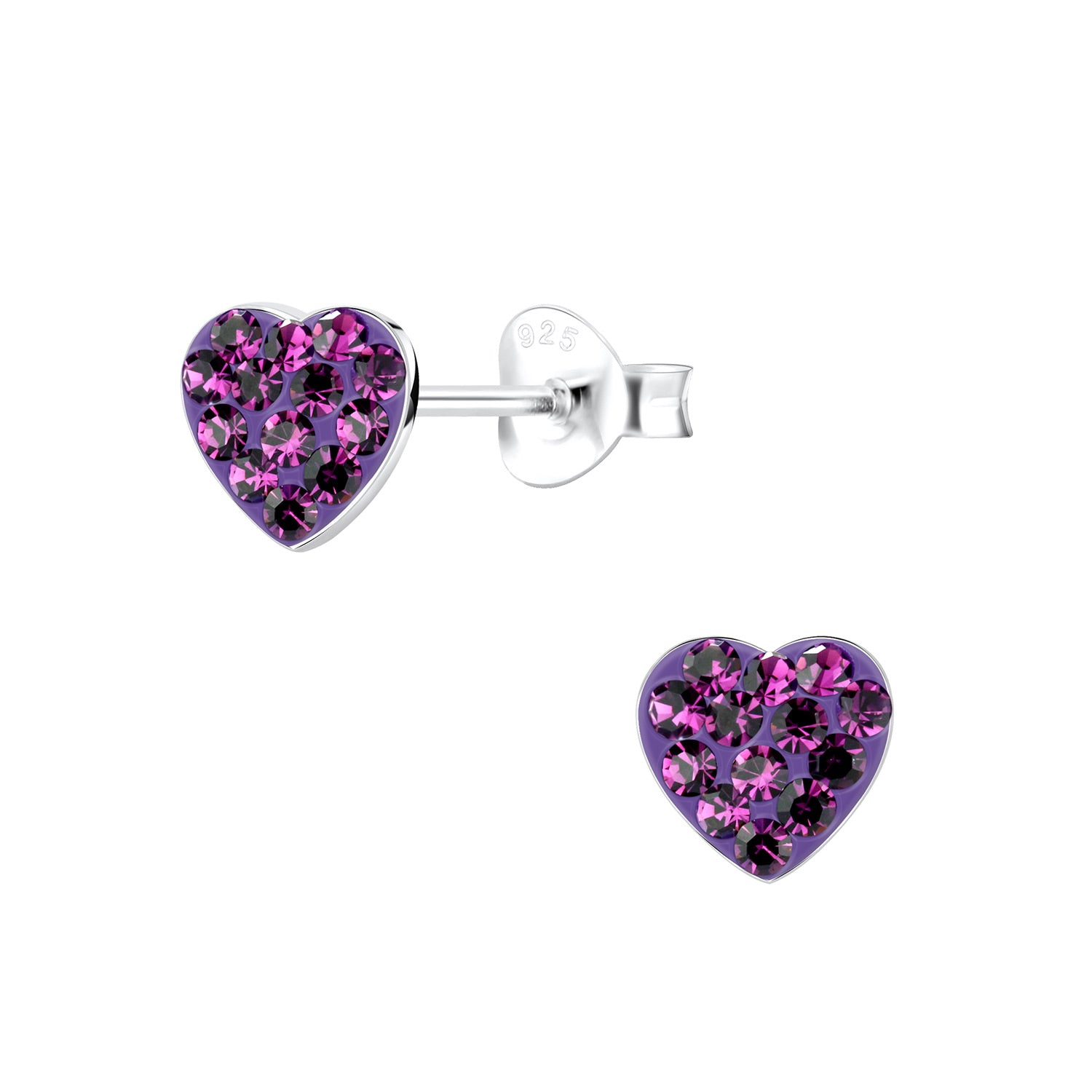 925 Sterling Silver Girls Amethyst Crystal Heart Stud Earrings with vibrant purple stones for children