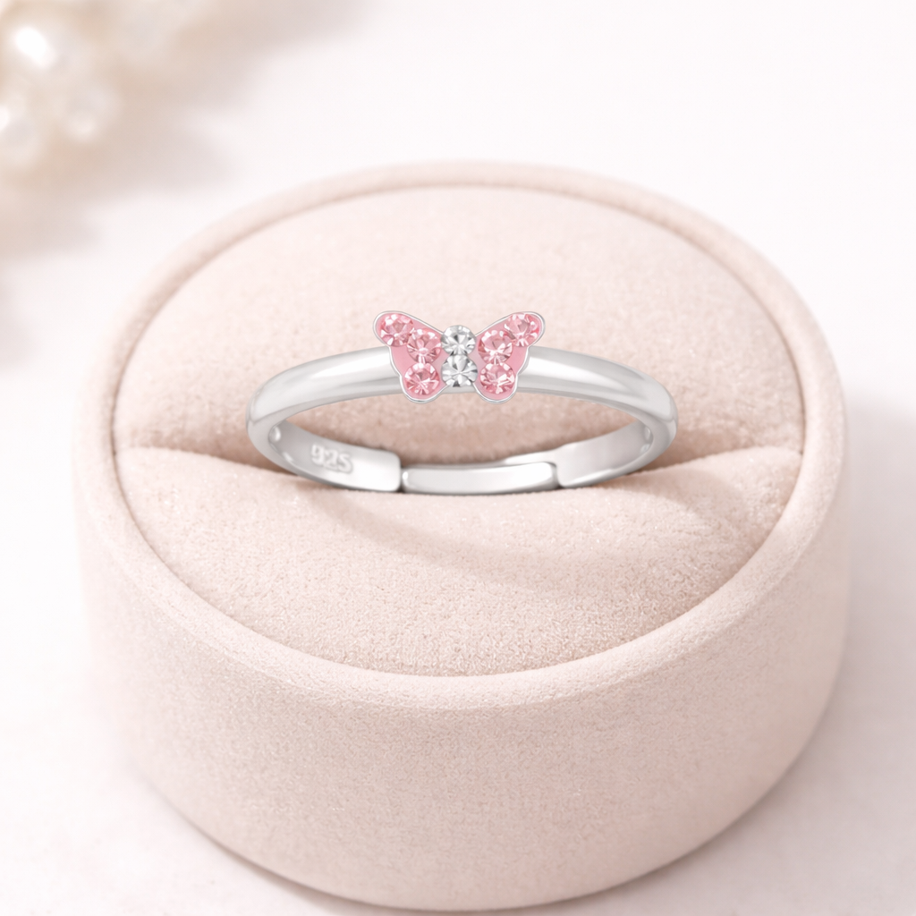 Melchior Jewellery silver ring featuring an adjustable pink butterfly ring for girls with sparkling pink crystals
