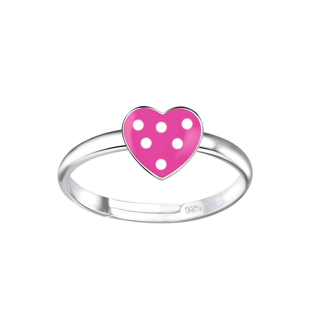 Adjustable pink heart ring for girls by Melchior Jewellery with white polka dots on silver band