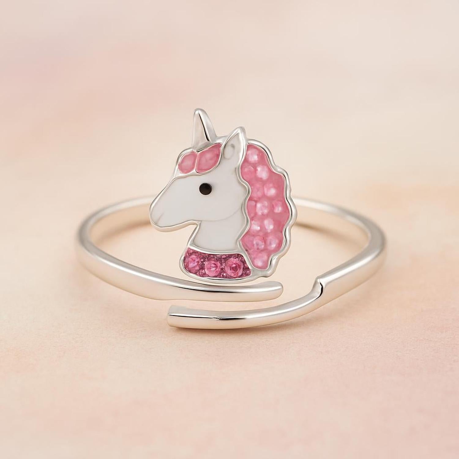 Melchior Jewellery adjustable unicorn ring for kids with pink and silver design