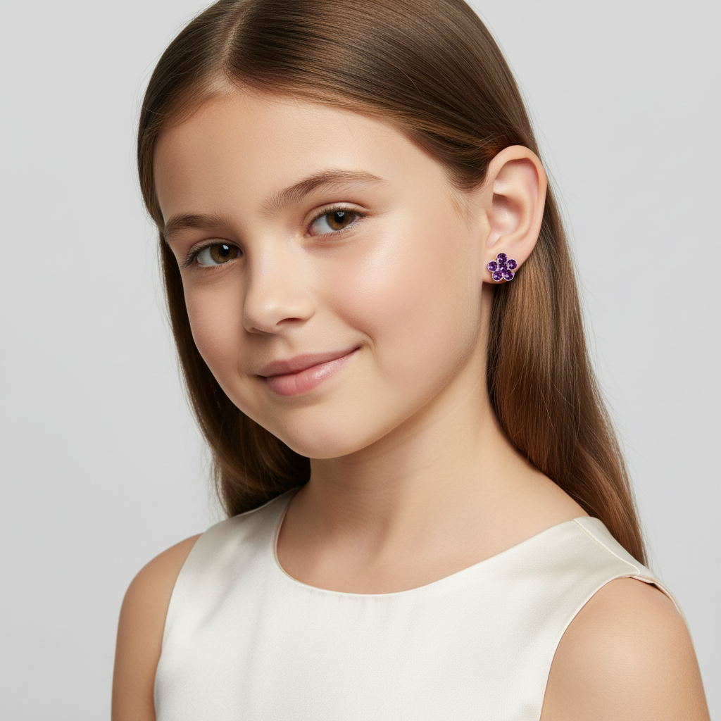 Amethyst flower stud earrings for girls worn by a smiling girl with long brown hair in a white dress
