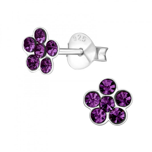 Amethyst flower stud earrings for girls by Melchior Jewellery in sterling silver with purple gemstones