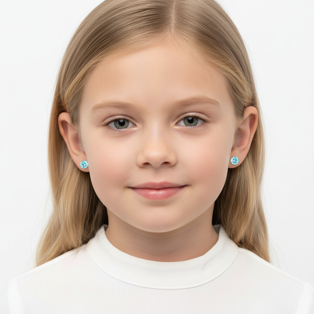 Young girl wearing Melchior Jewellery aqua blue earrings for kids with floral design and white top
