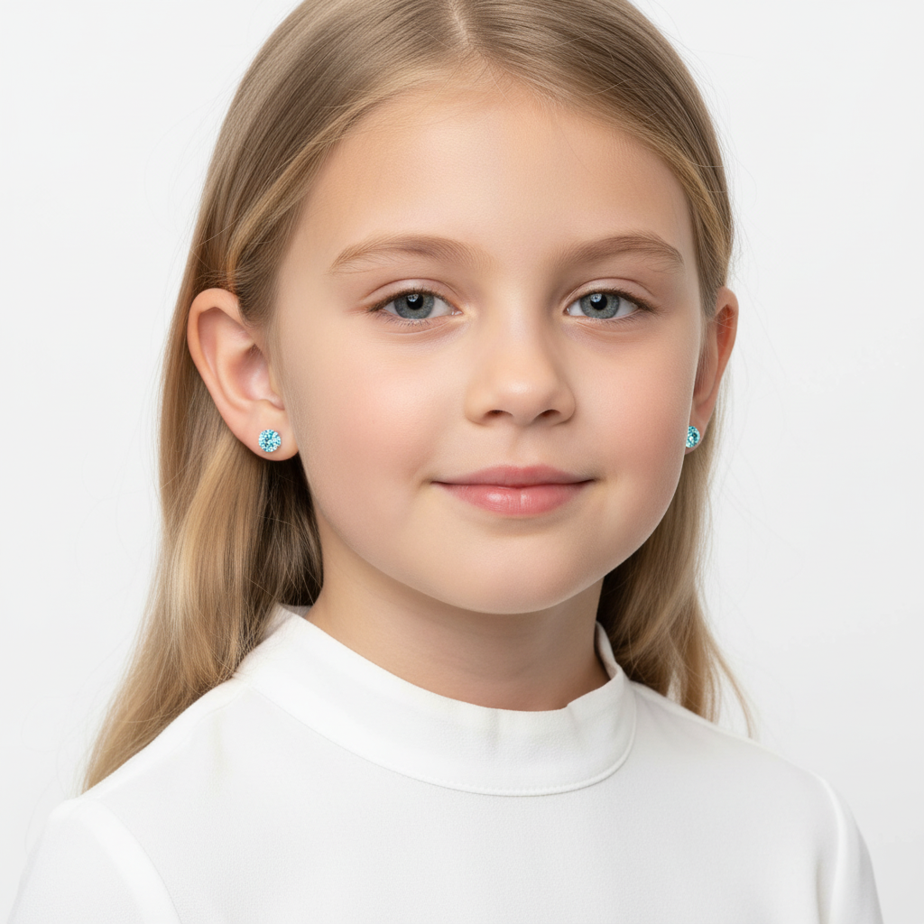 Melchior Jewellery aqua blue earrings for kids worn by young girl with blonde hair and white top