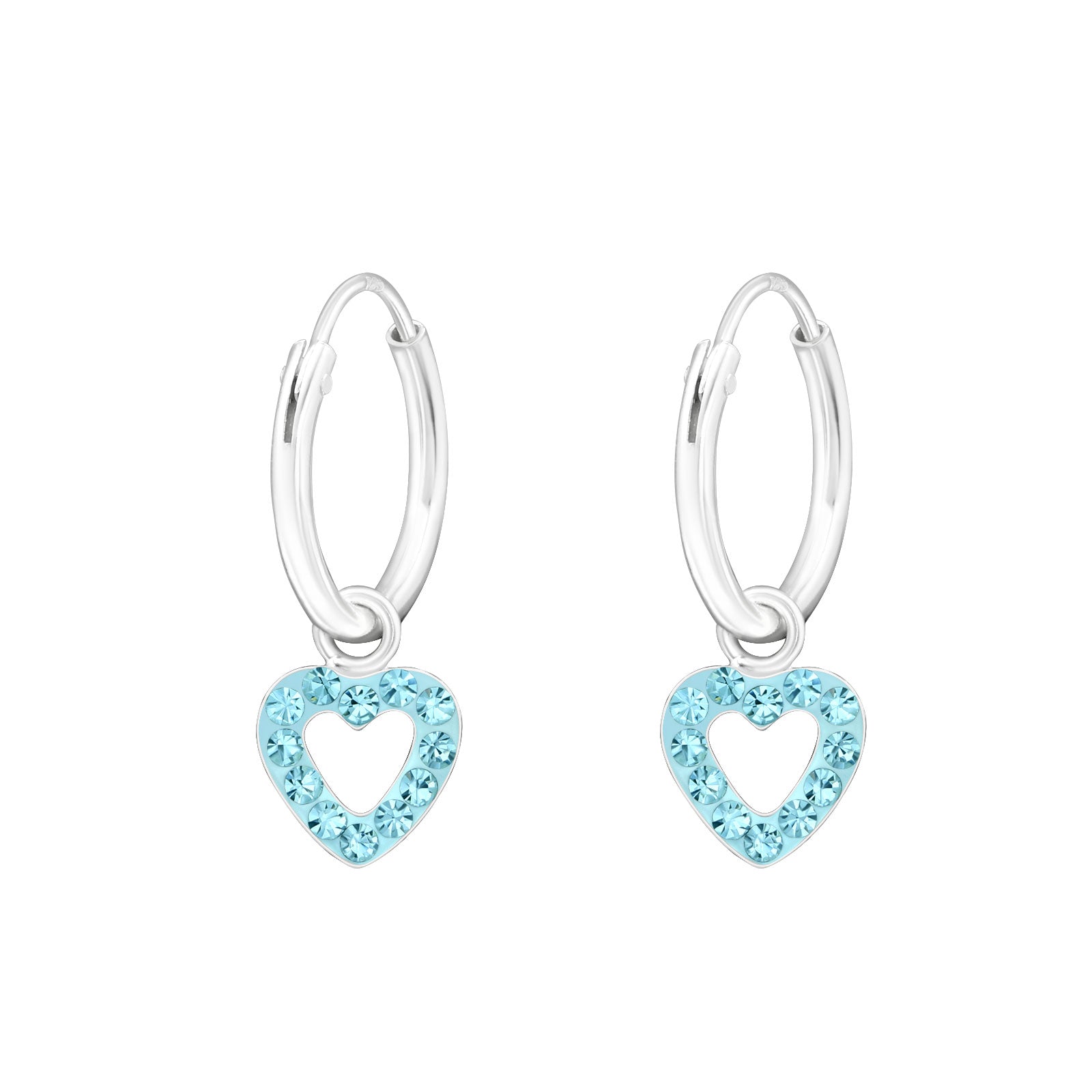 Melchior Jewellery aqua heart hoop earrings for children with silver hoops and blue heart charms