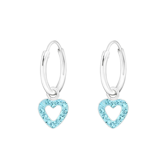 Melchior Jewellery aqua heart hoop earrings for children with silver hoops and blue heart charms