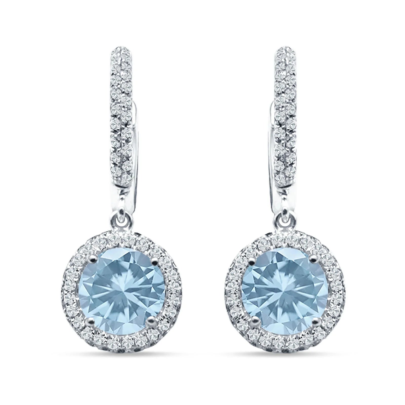 Melchior Jewellery Aquamarine Halo Huggie Drop Earrings featuring light blue aquamarine stones surrounded by sparkling white halos