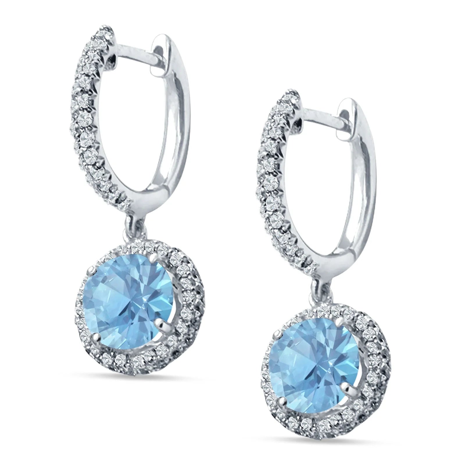 Melchior Jewellery Aquamarine Halo Huggie Drop Earrings with bright blue aquamarine stones surrounded by sparkling white crystals
