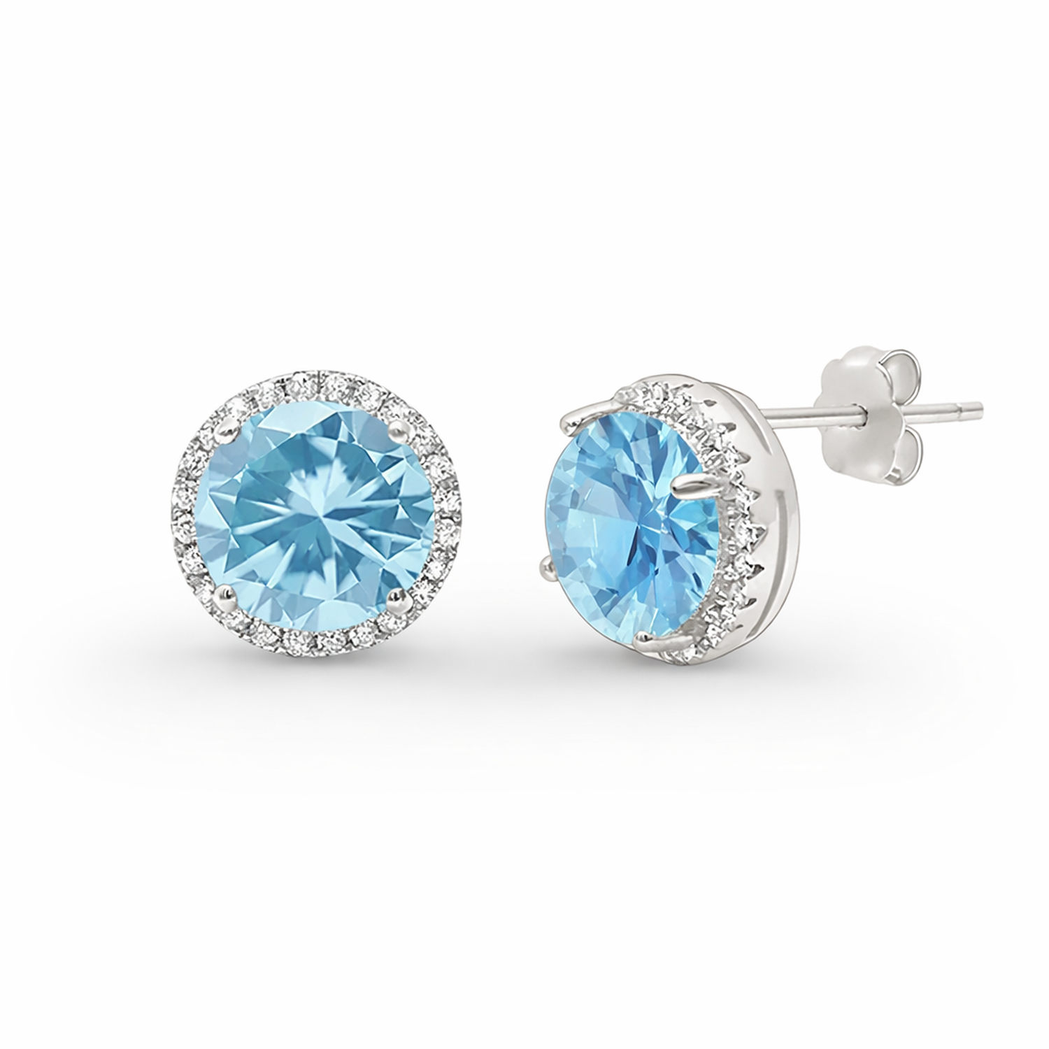 Melchior Jewellery aquamarine halo stud earrings 925 silver with light blue centre stones and clear surrounding crystals