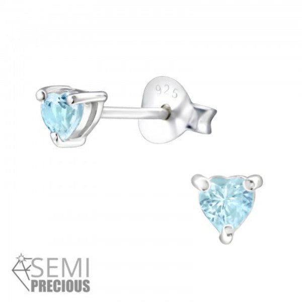 Aquamarine stud earrings for kids by Melchior Jewellery in heart shape sterling silver studs