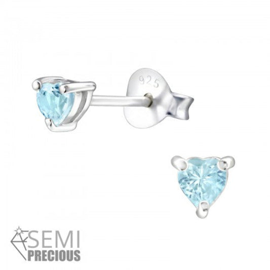 Aquamarine stud earrings for kids by Melchior Jewellery in heart shape sterling silver studs