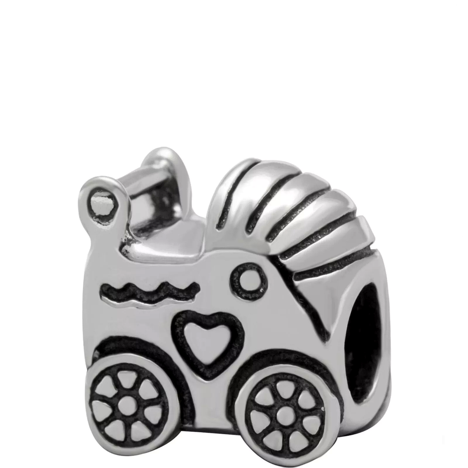 sterling silver Baby Pram Pushchair Charm Bead with detailed wheels and heart design by Melchior Jewellery