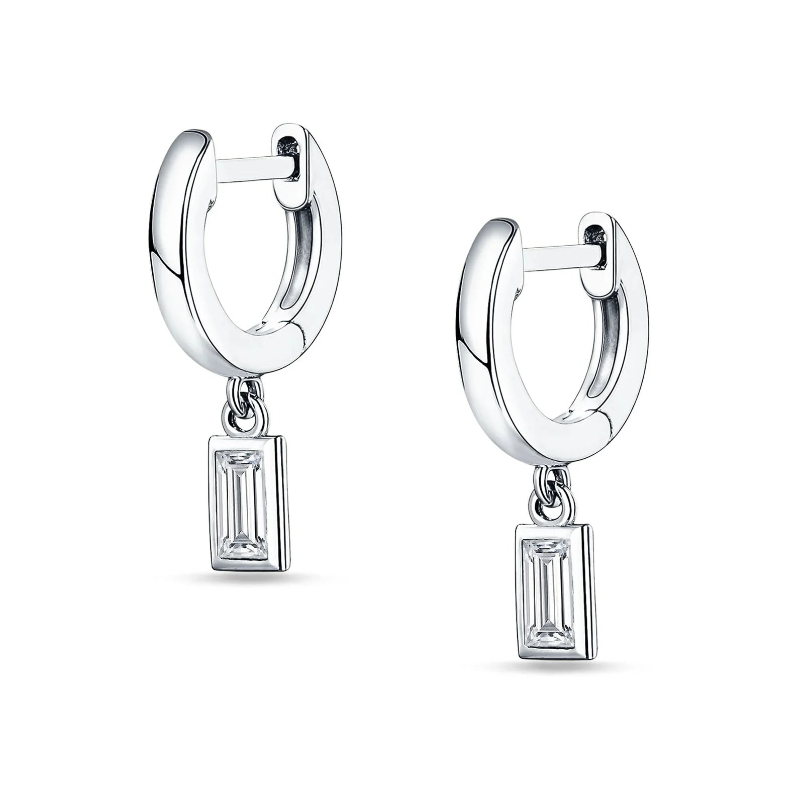 Silver Melchior Jewellery baguette cz hoop earrings with rectangular clear stones dangling from polished silver hoops