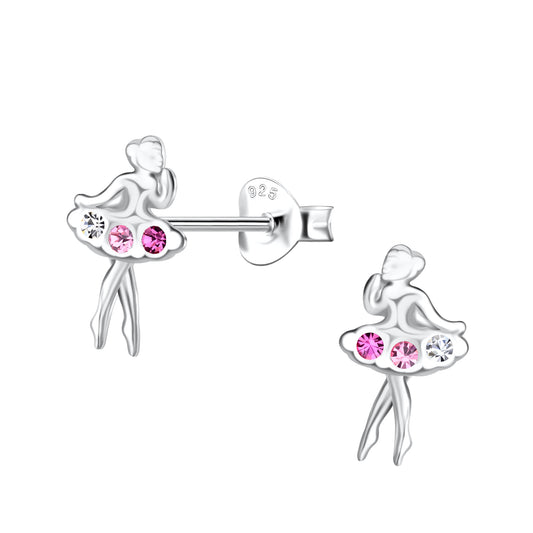 Melchior Jewellery ballerina crystal stud earrings for children with pink and clear stones in silver