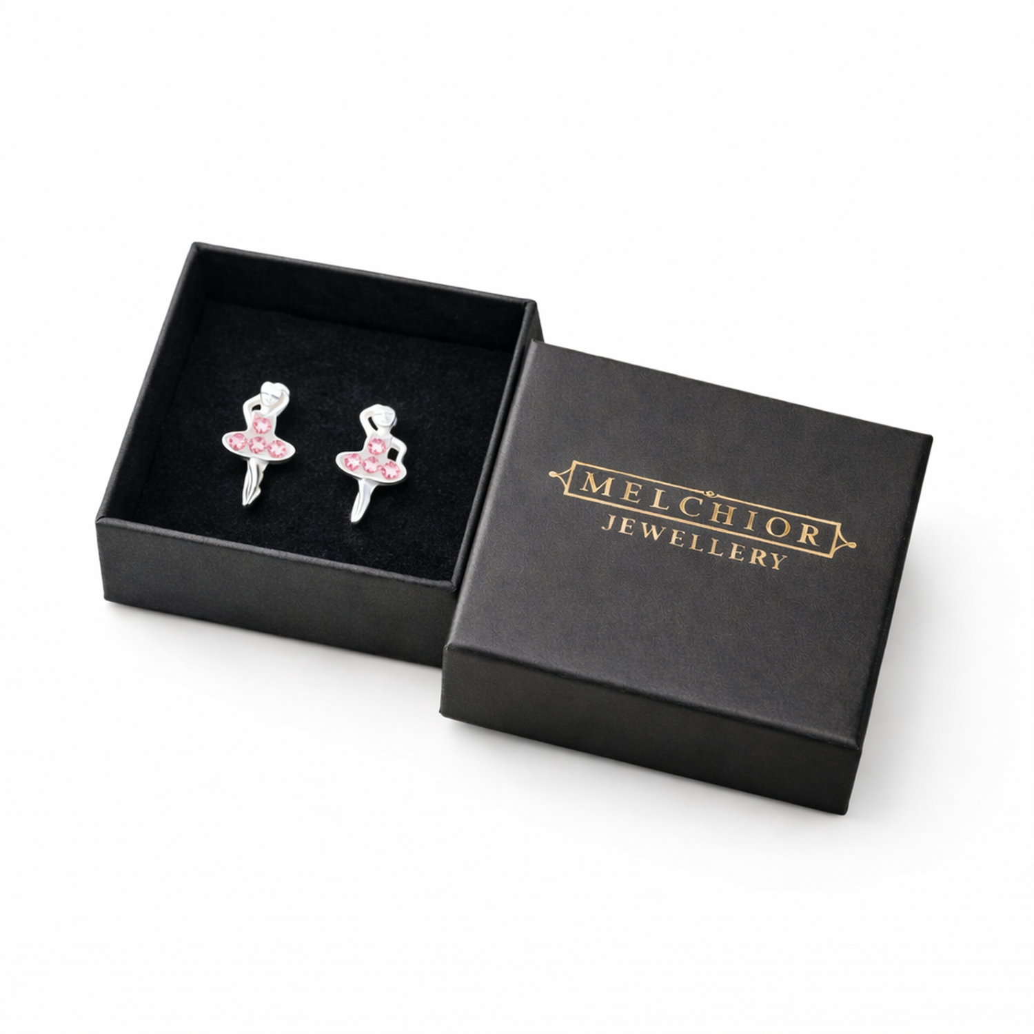 Melchior Jewellery ballerina earrings for girls in silver with pink details in a black gift box