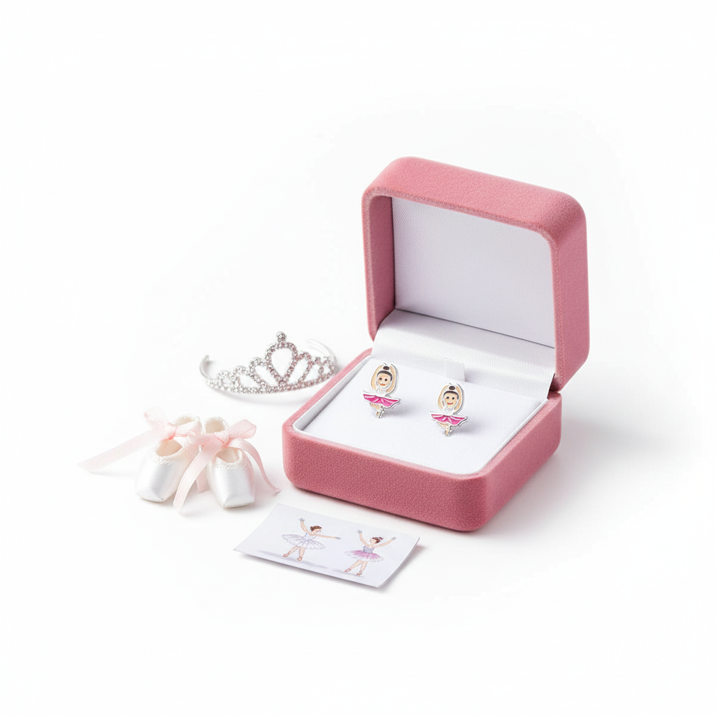 Melchior Jewellery ballerina stud earrings for girls in pink gift box with ballet shoes and tiara